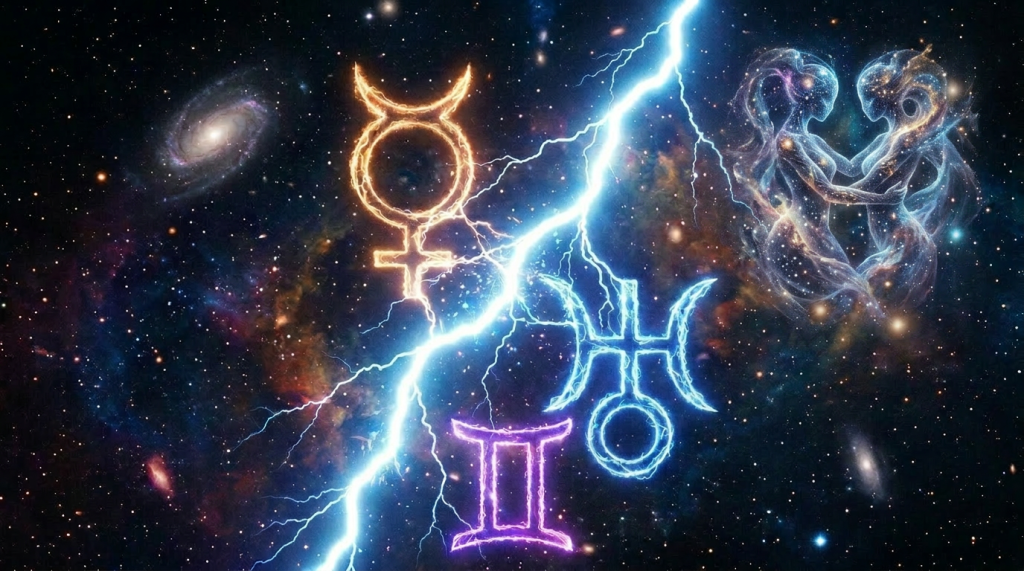 Fiery astrological symbols connected by bright electric lightning in space