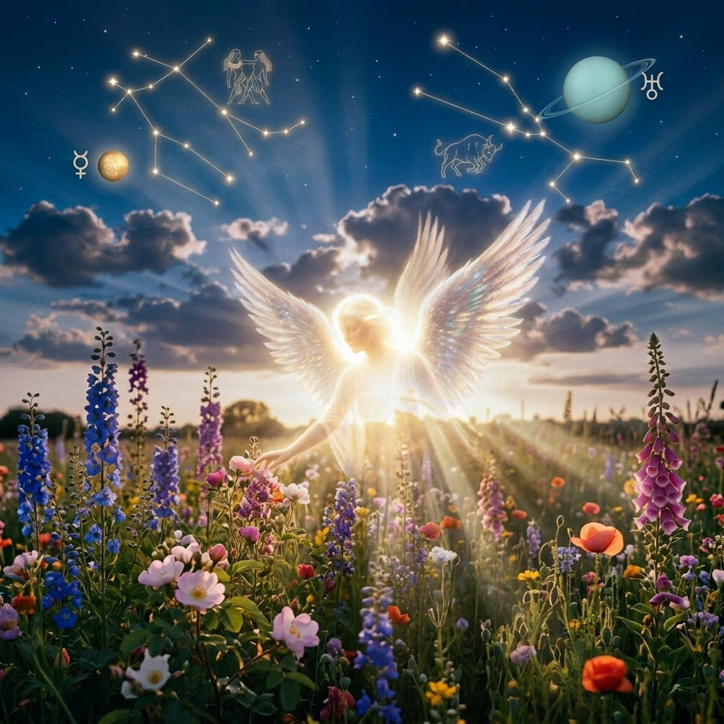 Angel with radiant wings touching flowers in a colorful field under zodiac constellations