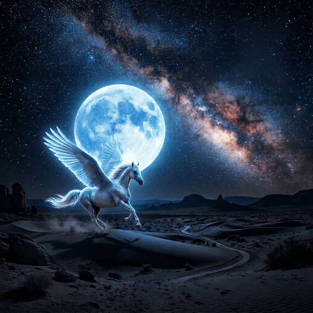 Winged horse running on desert dunes at night with full moon and planets in sky