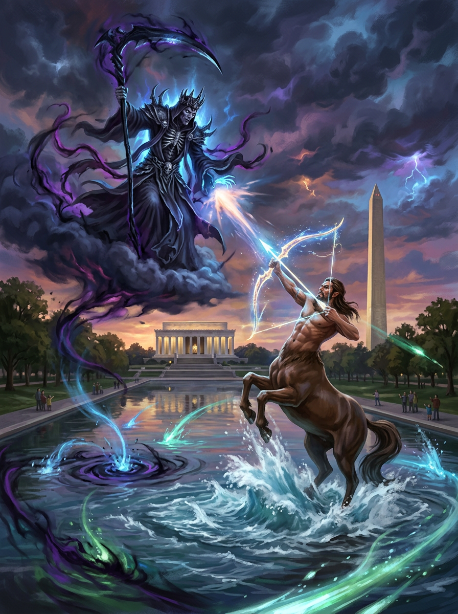 Centaur archer shooting a glowing arrow at a dark sorcerer wielding a scythe above a reflecting pool